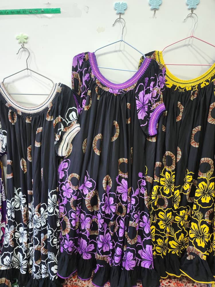 Black purple and yellow dresses