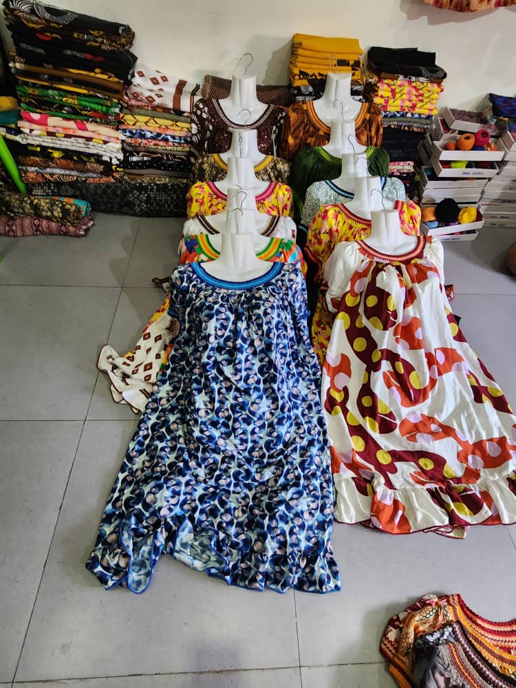 Blue patterned dress on mannequin