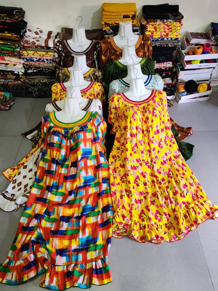 Rainbow check and yellow floral dresses