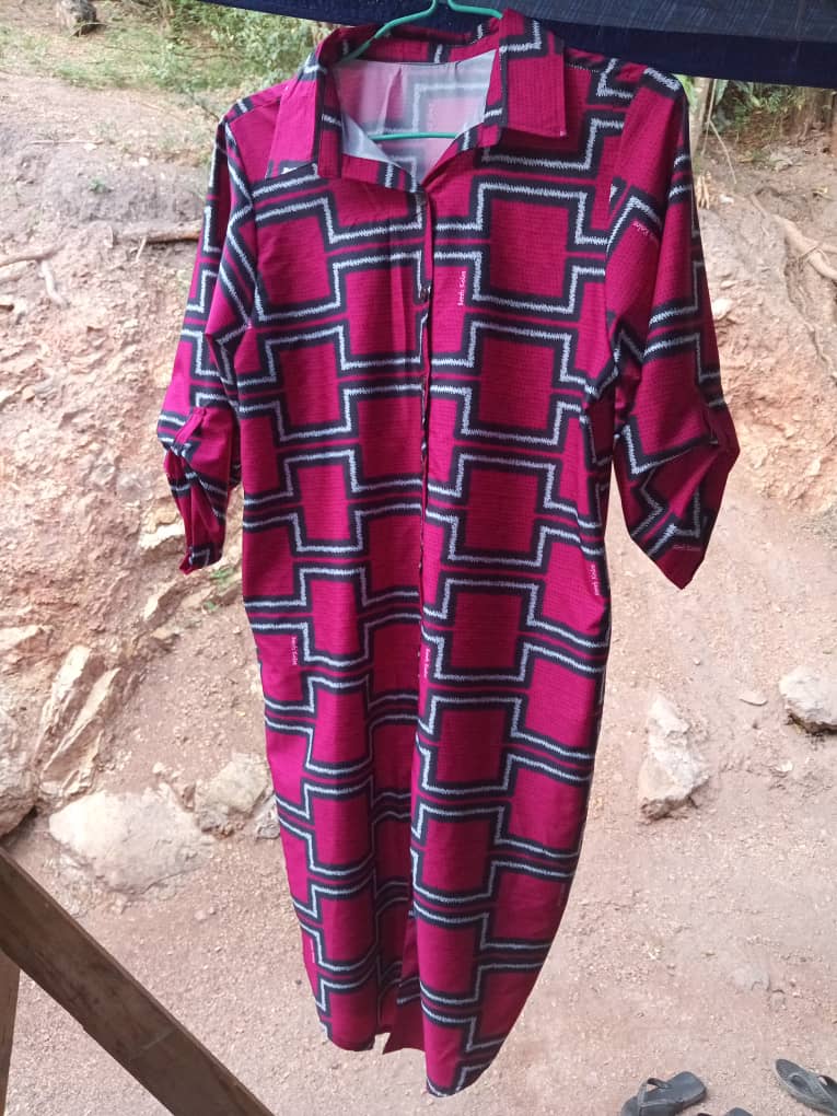 Red geometric dress outdoors